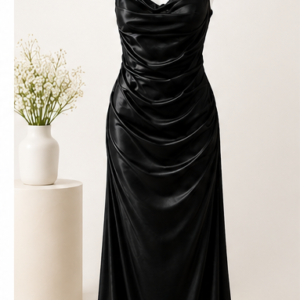 Black Party Maxi Dress with draped neckline and adjustable straps