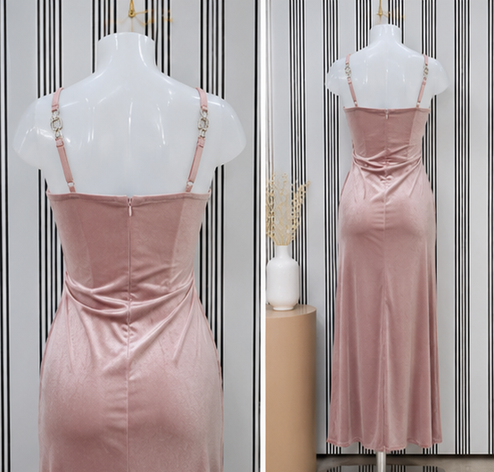 Blush Pink Satin Ruched Midi Dress Back View Blush Pink Satin Ruched Midi Dress Back View