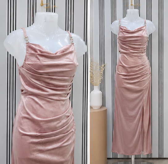Blush Pink Satin Ruched Midi Dress Front View Blush Pink Satin Ruched Midi Dress Front View