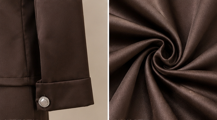Brown Dress Close Up 2 Premium satin blend fabric detail on Mocha Elegance Dress Set