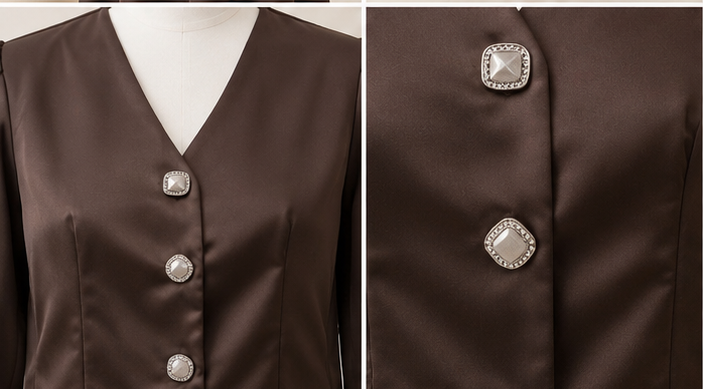 Brown Dress Close up 1 Decorative button detail on Mocha Elegance Dress Set