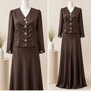 Mocha Elegance Dress Set with decorative button detailing