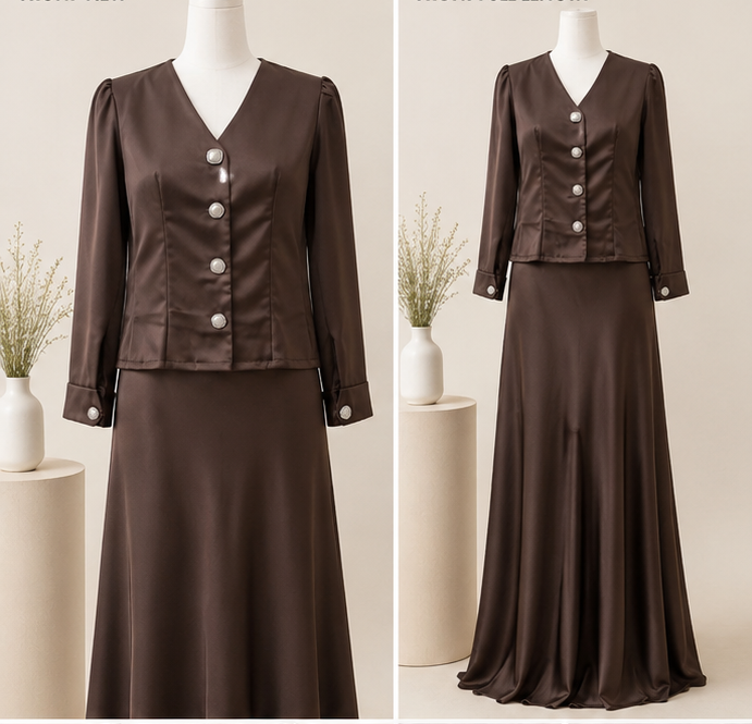 Brown Dress Front Mocha Elegance Dress Set with decorative button detailing