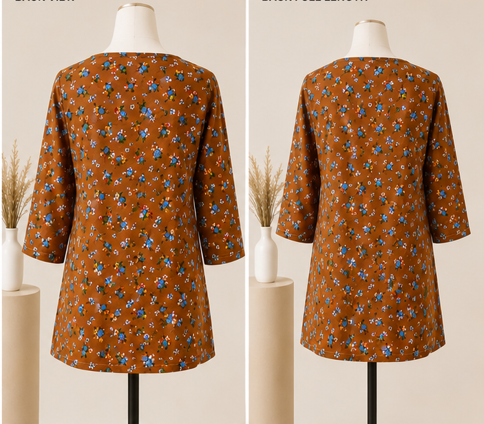Brown Floral Tunic Back View with Three-Quarter Sleeves Brown Floral Tunic Back View with Three-Quarter Sleeves