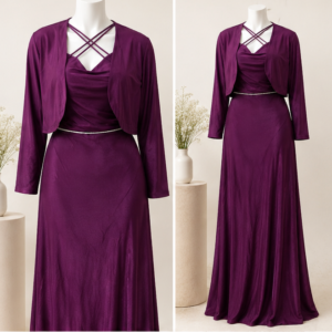 Royal Plum Maxi Dress Set with matching shrug and cross-neck detail