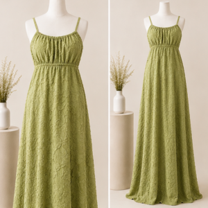 Olive Bloom Maxi Dress front view with textured floral fabric