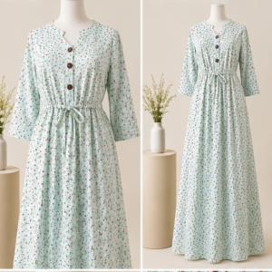 Mint Blossom Casual Dress with floral print and waist tie