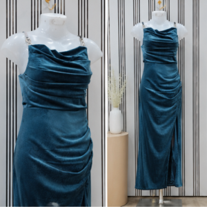 Home Ocean Blue Satin Midi Party Dress Front View