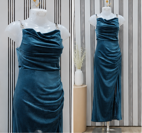 Ocean Blue Satin Midi Party Dress Front View Ocean Blue Satin Midi Party Dress Front View