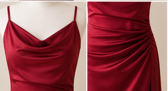 Ruby Satin Maxi Dress Close Up 1 Draped neckline detail on Ruby Satin Maxi Dress